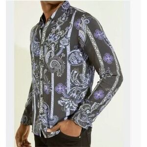 Guess Slim Fit Black Blue Paisley Baroque Button Down‎ Shirt Men's Small